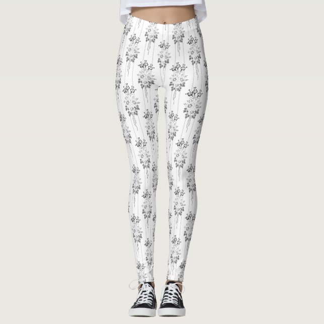 Baroque Wallpaper Flower bouquet grey Leggings (Front)