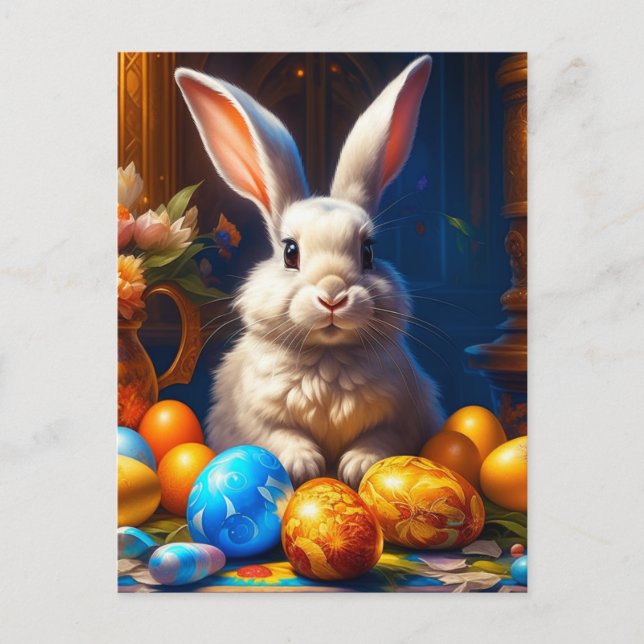 Baroque White Easter Bunny with Eggs Postcard (Front)
