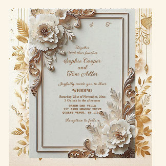 Baroque White Flowers Opulence Ivory Gold Frame Invitation