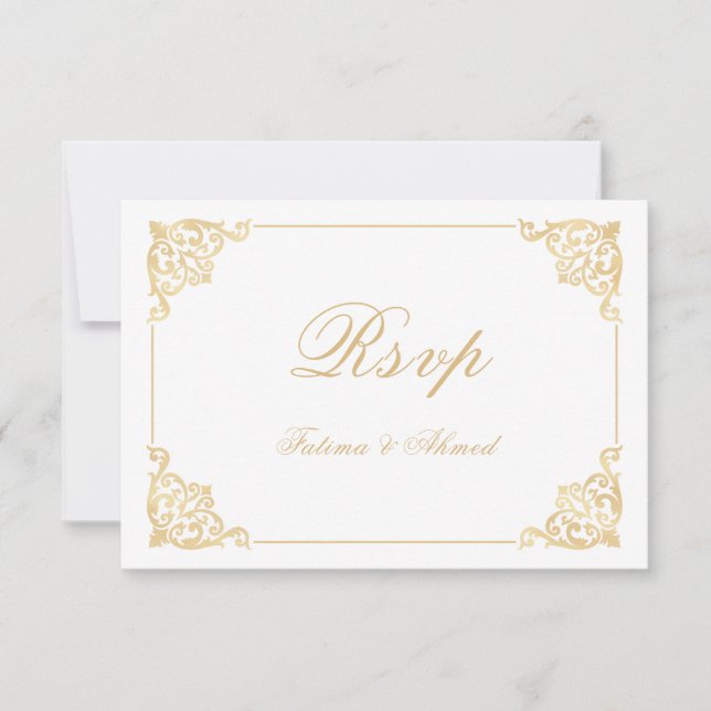 Baroque White Islamic Muslim Wedding RSVP Card (Front)