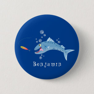 Barracuda fish hungry fishing cartoon illustration button