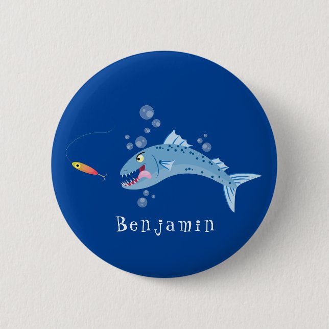Barracuda fish hungry fishing cartoon illustration button (Front)