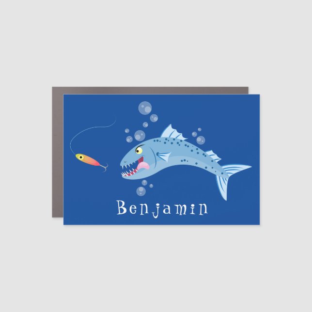 Barracuda fish hungry fishing cartoon illustration car magnet (Front)