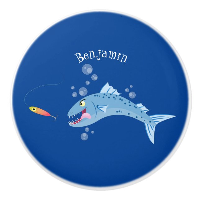 Barracuda fish hungry fishing cartoon illustration ceramic knob (Front)