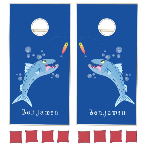 Barracuda fish hungry fishing cartoon illustration cornhole set