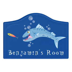 Barracuda fish hungry fishing cartoon illustration door sign