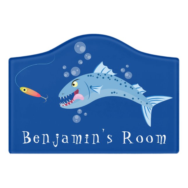 Barracuda fish hungry fishing cartoon illustration door sign (Small Crest Front)