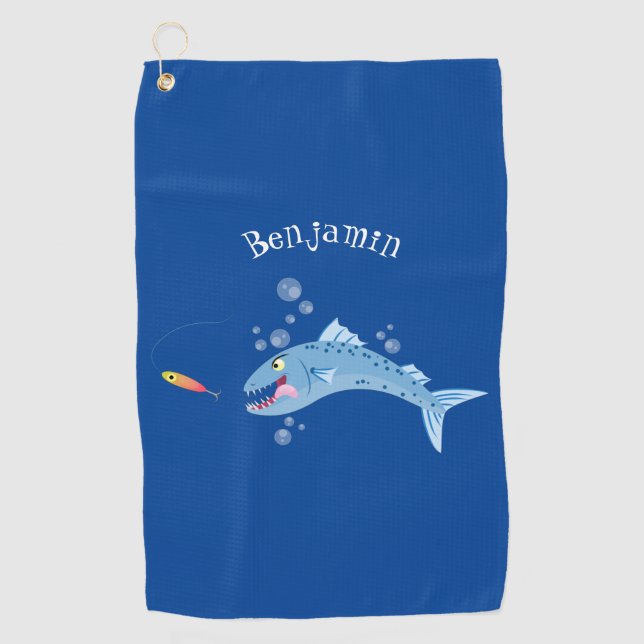Barracuda fish hungry fishing cartoon illustration golf towel (Front)