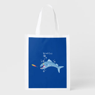 Barracuda fish hungry fishing cartoon illustration grocery bag