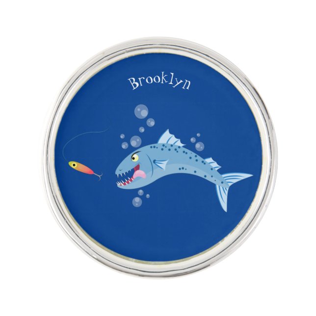 Barracuda fish hungry fishing cartoon illustration lapel pin (Front)