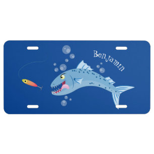 Barracuda fish hungry fishing cartoon illustration license plate