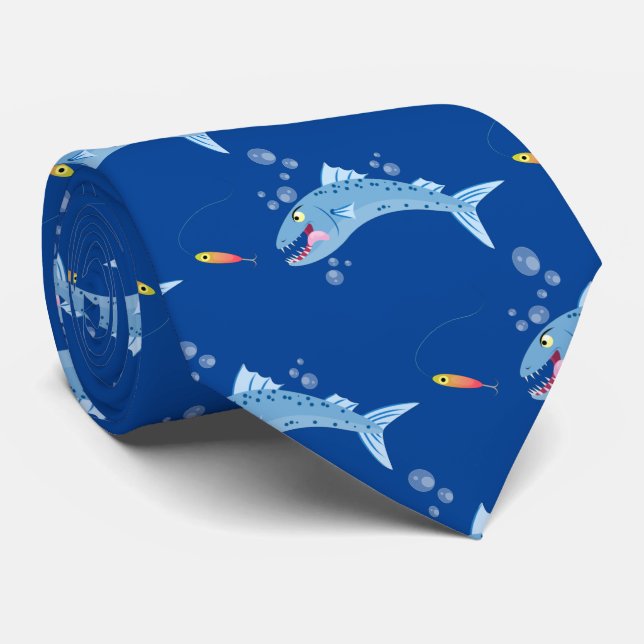 Barracuda fish hungry fishing cartoon illustration neck tie (Rolled)
