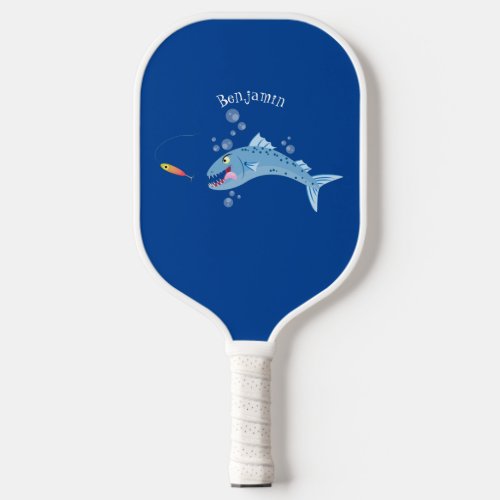 Barracuda fish hungry fishing cartoon illustration pickleball paddle