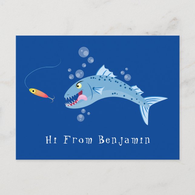 Barracuda fish hungry fishing cartoon illustration postcard (Front)