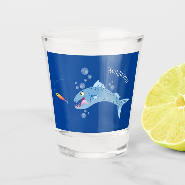 Barracuda fish hungry fishing cartoon illustration shot glass (Front)