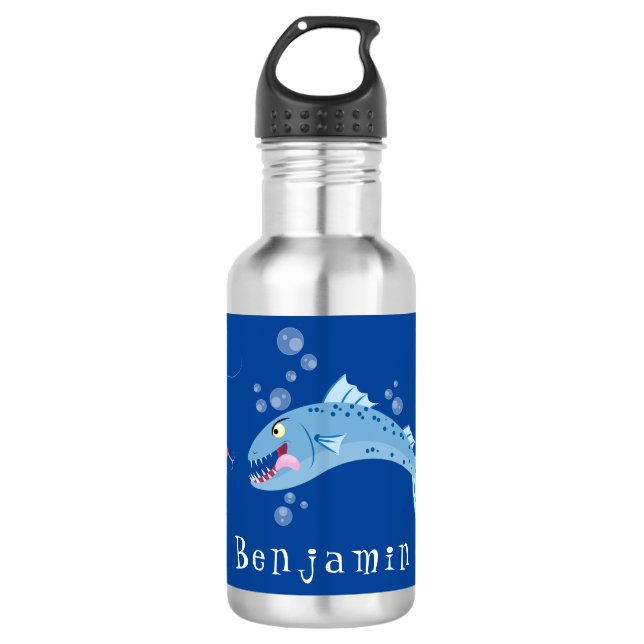 Barracuda fish hungry fishing cartoon illustration stainless steel water bottle (Front)