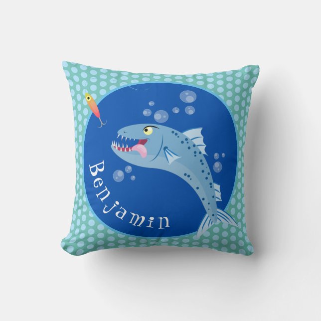 Barracuda fish hungry fishing cartoon illustration throw pillow (Front)
