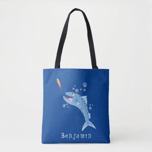 Barracuda fish hungry fishing cartoon illustration tote bag