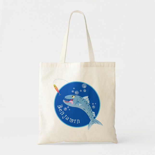 Barracuda fish hungry fishing cartoon illustration tote bag (Front)