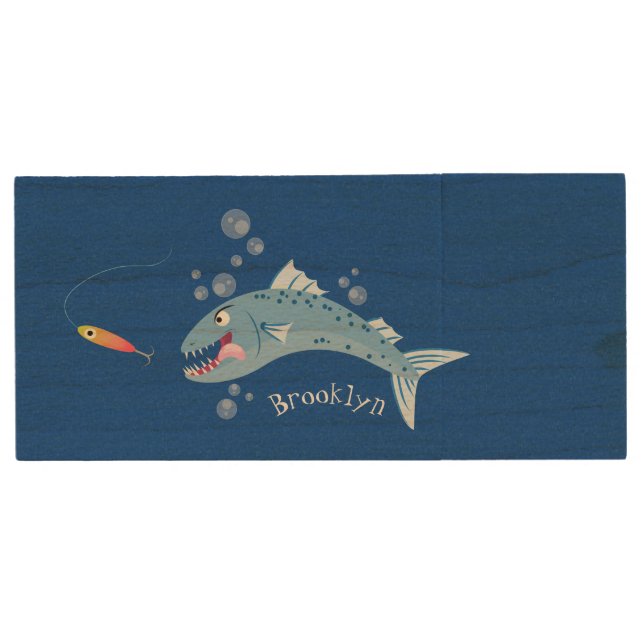 Barracuda fish hungry fishing cartoon illustration wood flash drive (Front)