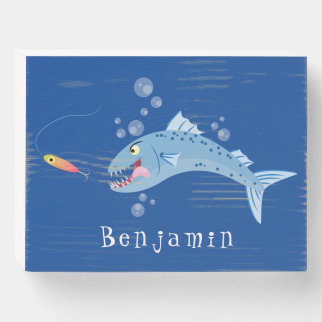 Barracuda fish hungry fishing cartoon illustration wooden box sign (Front Horizontal)