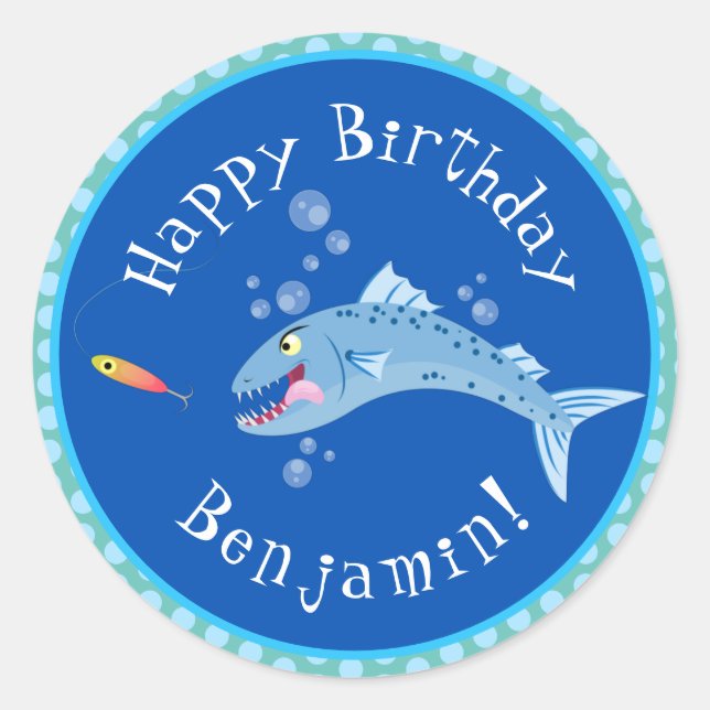Barracuda fishing cartoon personalized birthday classic round sticker (Front)