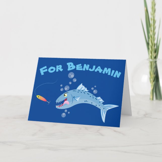 Barracuda hungry fishing cartoon illustration card (Front)