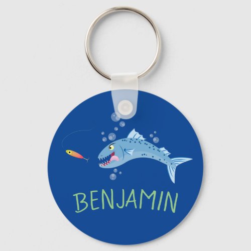 Barracuda hungry fishing cartoon illustration keychain