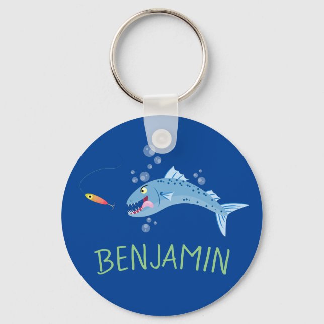 Barracuda hungry fishing cartoon illustration keychain (Front)