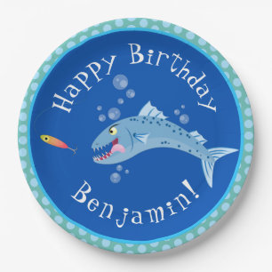 Barracuda hungry fishing cartoon personalized paper plates