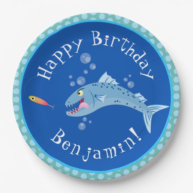 Barracuda hungry fishing cartoon personalized paper plates (Front)