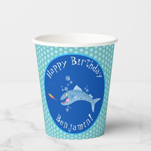 Barracuda hungry fishing personalised birthday paper cups