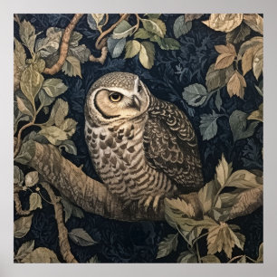 Barred Owl in a Night Forest William Morris Style Poster