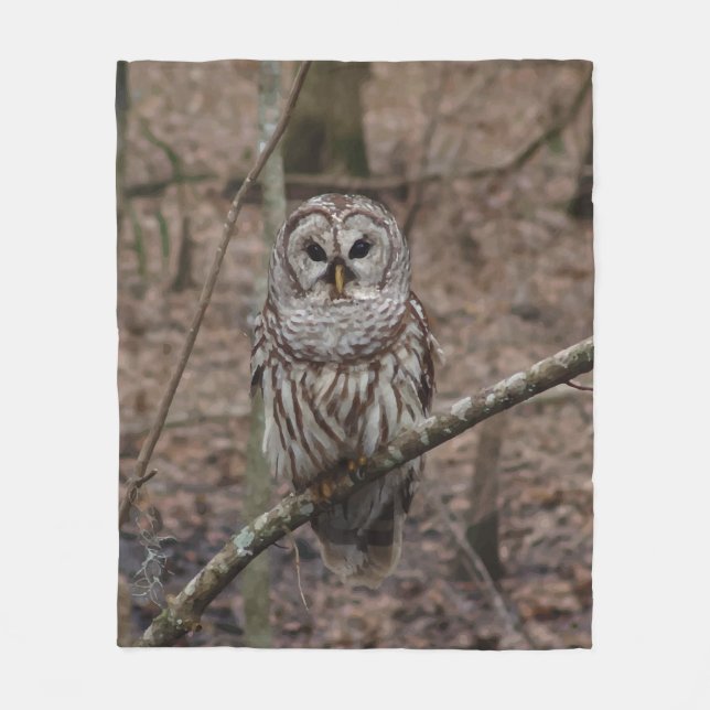 Barred Owl in Forest Picture Fleece Blanket (Front)