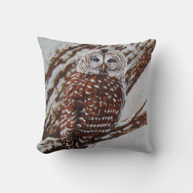 Barred Owl in Snowy Woods Throw Pillow (Front)