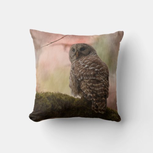 Barred Owl on a Mossy Branch Artistic Photo Throw Pillow