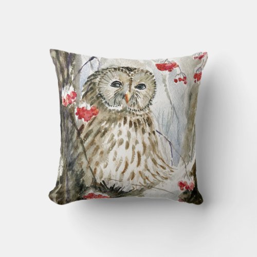 Barred Owl watercolor painting Throw Pillow