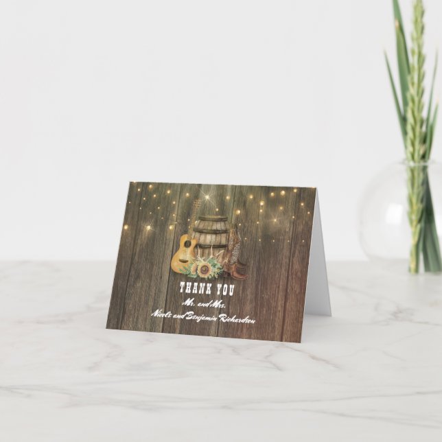 Barrel and Cowboy Boots Country Wedding Thank You Card (Front)