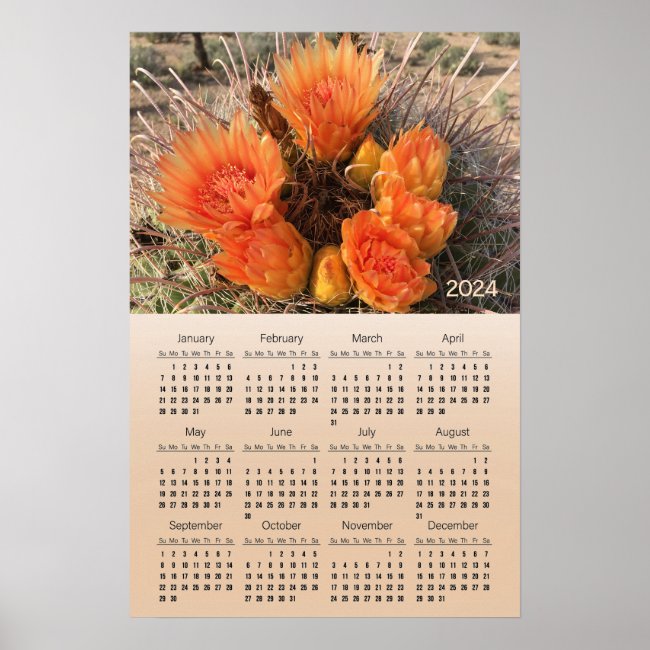 Barrel Cactus Flower 2024 Wall Poster Calendar