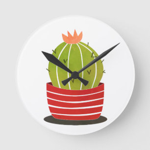 BARREL CACTUS in a red pot minimal art Round Clock