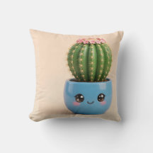 Barrel Cactus Kawaii Indoor Plant Throw Pillow