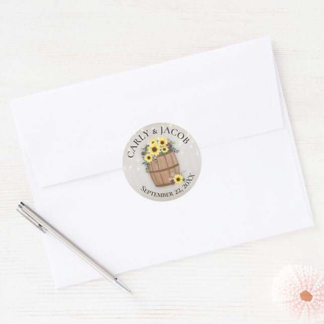 Barrel of Sunflowers and Lights Classic Round Sticker (Envelope)