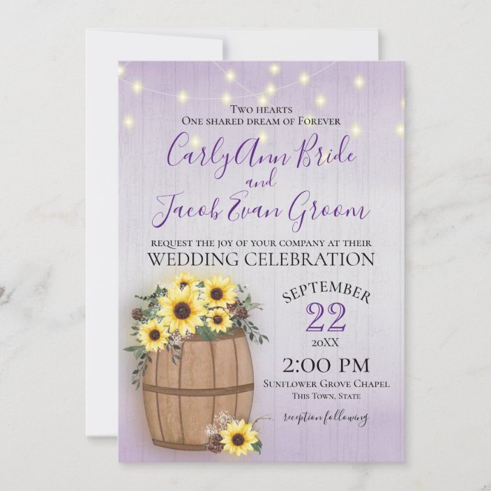 Barrel of Sunflowers Rustic Wood and Lights Purple Invitation