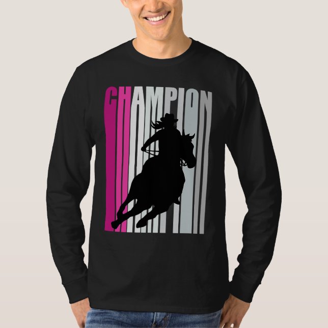 Barrel Racing Champion Horse Riding Pink Retro Cow T-Shirt (Front)