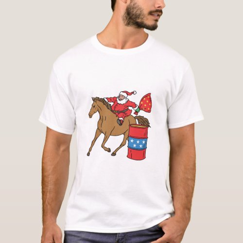 Barrel Racing Christmas Santa on Barrel Horse T_Shirt