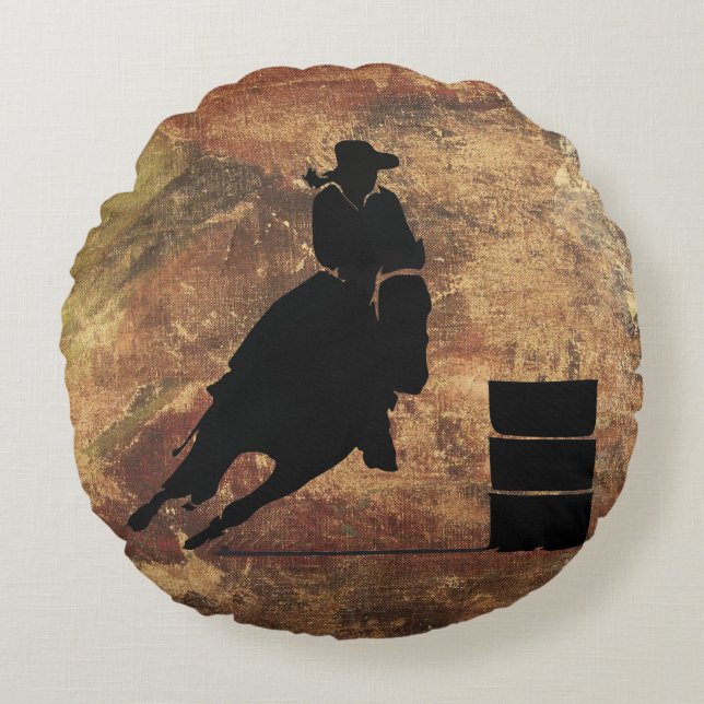 Barrel Racing Girl Silhouette on a Grunge Texture Round Pillow (Front)