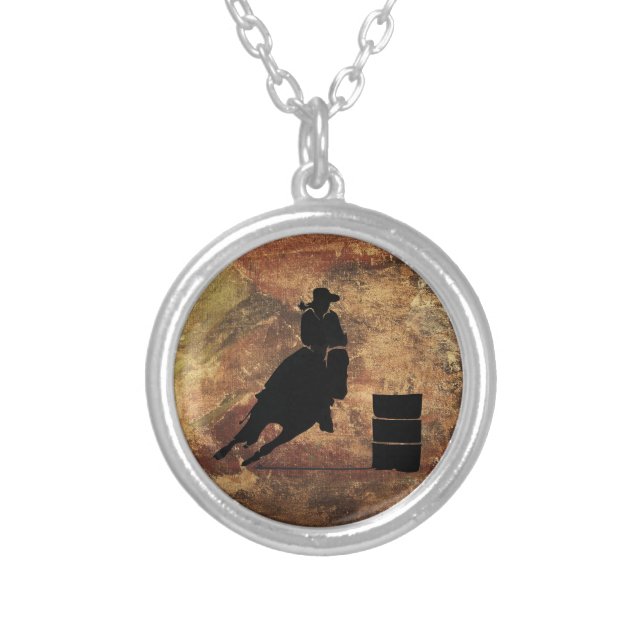 Barrel Racing Girl Silhouette on a Grunge Texture Silver Plated Necklace (Front)