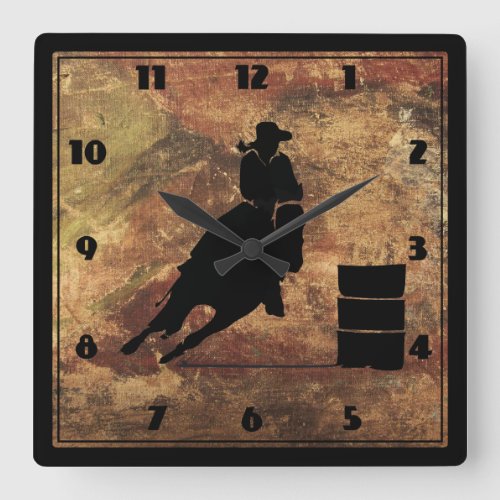 Barrel Racing Girl Silhouette on a Grunge Texture Square Wall Clock