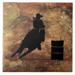 Barrel Racing Girl Silhouette on a Grunge Texture Tile<br><div class="desc">Exciting and rustic rodeo themed illustration. Silhouette of a cowgirl barrel racing with her horse. Background is a rough weathered brown and red toned earthy grunge texture. Great for rodeo enthusiasts and horse lovers.</div>