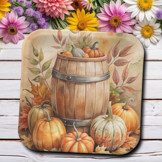 Barrel with Pumpkins Fall Paper Plates (Creator Uploaded)